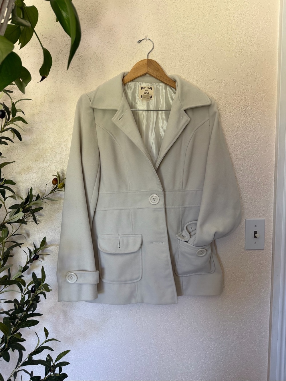 Cream Wool-Blend Women's Peacoat with Notch Collar